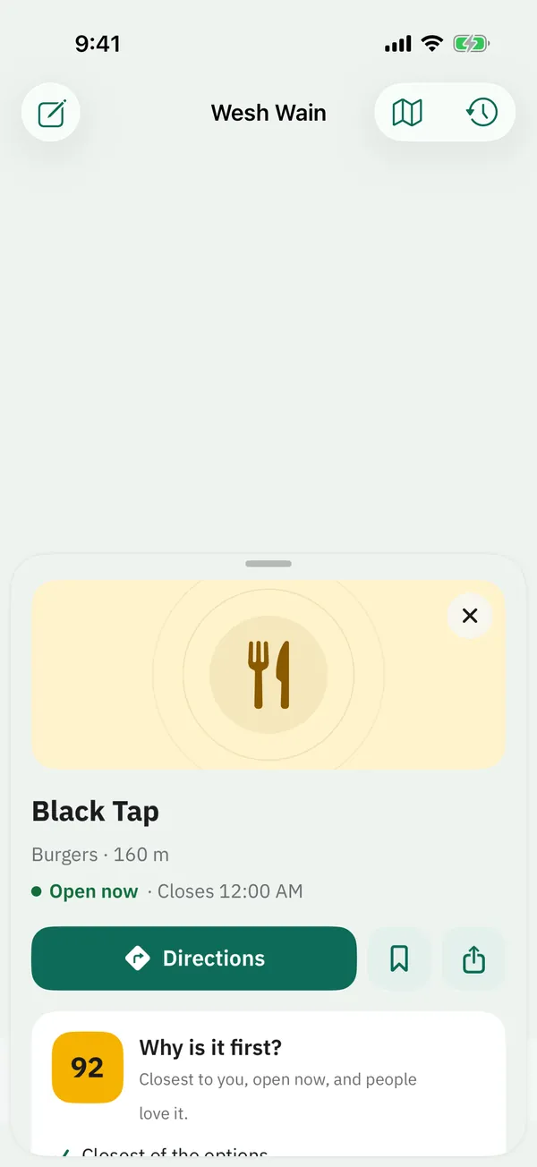 A Wesh Wain place card for Black Tap: score 92, open now, 160 m away, with Directions, Save and Share.